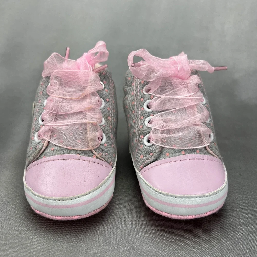 Infant Baby Girl Crib Shoes Gray Pink Polka Dot Heart Ribbon Lace High‎ Top 3-6M